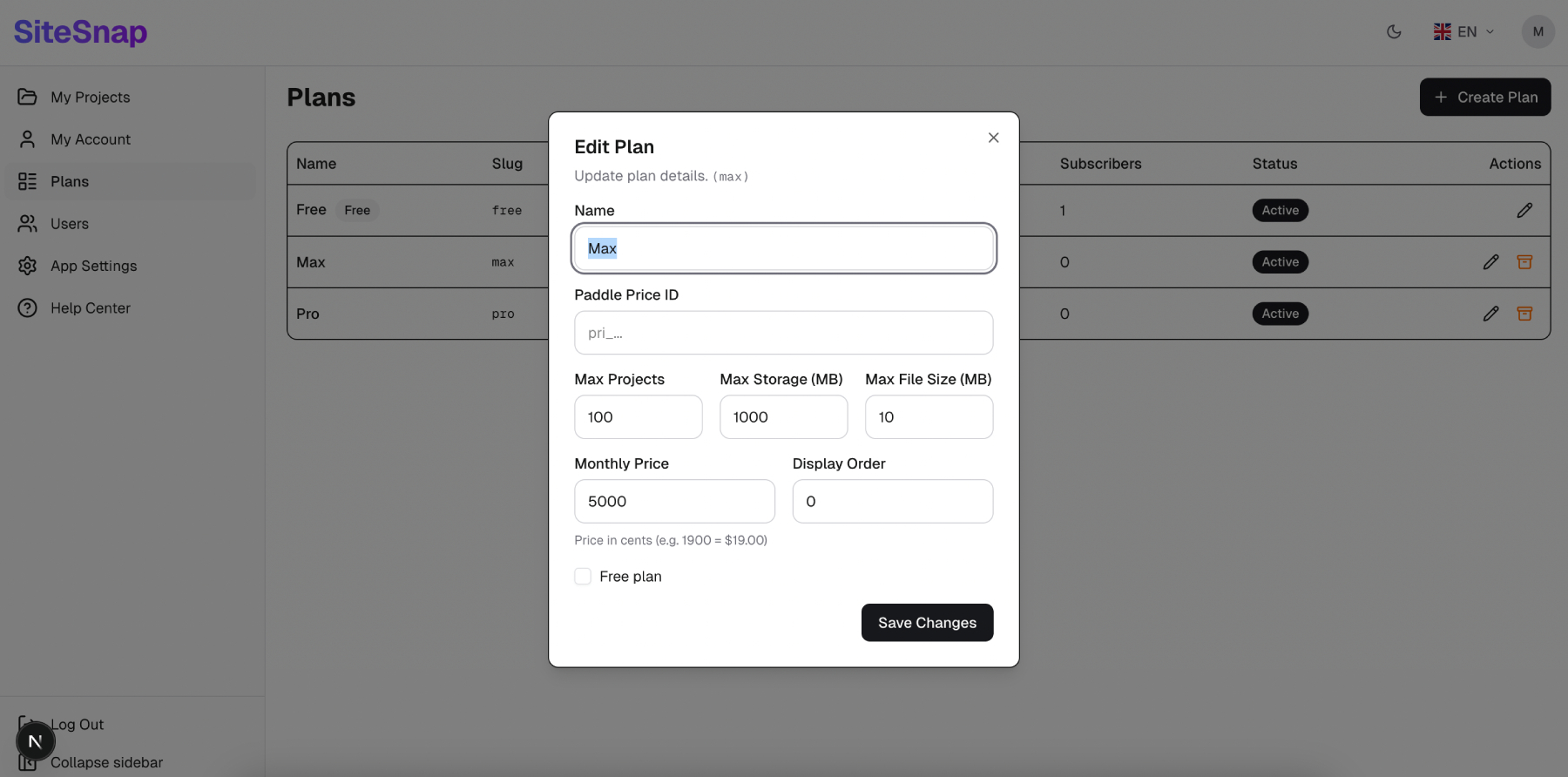 Plans admin page